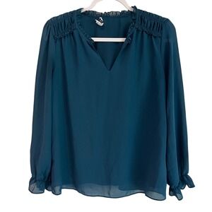 Rose+Olive Teal Chiffon Flowy Ruffled Neck Long Sleeve Blouse Top Women's Size M